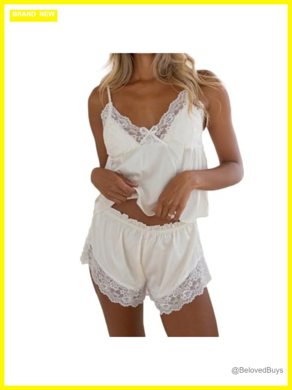 Satin Lace Trim Pajama Set Cami Shorts Sleepwear Silk Lounge 2 Piece